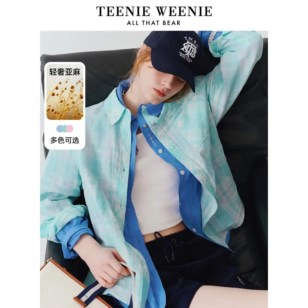 【亚麻】TeenieWeenie小熊女格纹衬衫25清新多巴胺衬衣TTYC252401E
