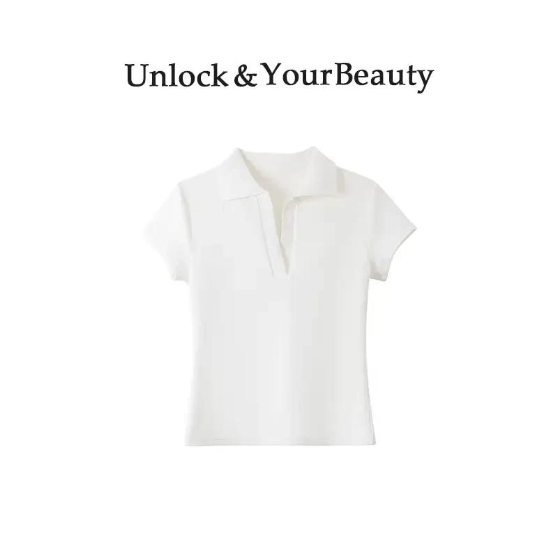 韩版纯色极简风polo衫短袖女收腰显瘦减龄修身翻领打底上衣T恤女