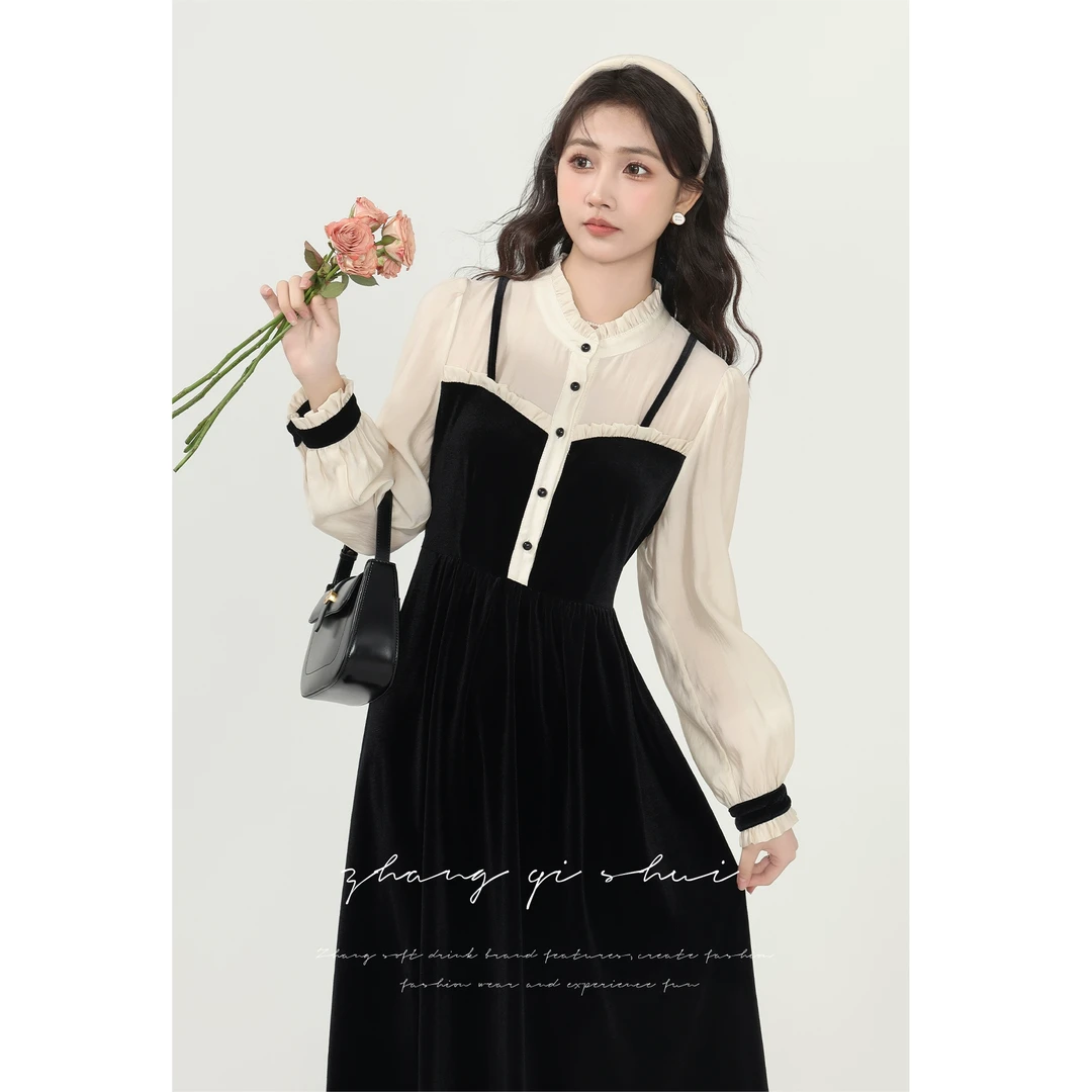 【ZBT直播间】黑色丝绒拼接纽扣假两件高级感洋气连衣裙DYZQS0120