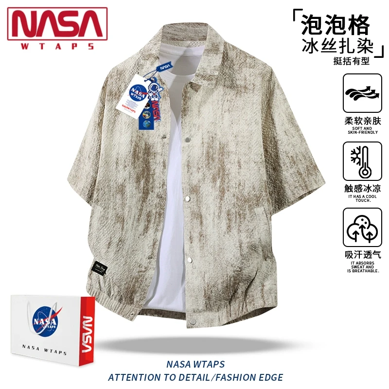 NASA WTAPS休闲复古扎染短袖衬衫男款夏季新款潮宽松休闲半袖上衣
