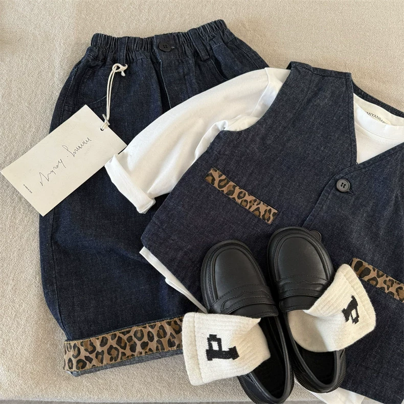 儿童套装2025春秋新品男女童豹纹牛仔套装宝宝洋气马甲两件套外穿