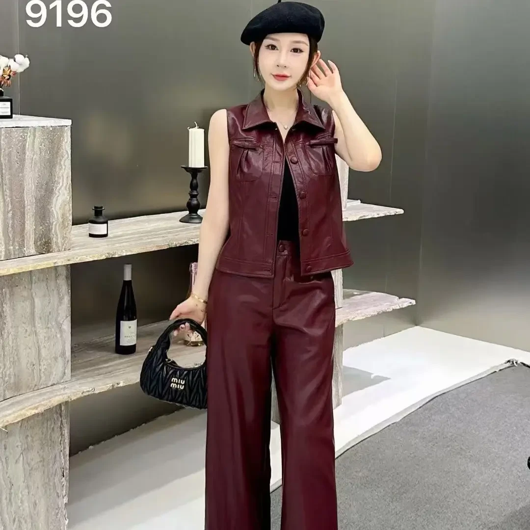 高货软蛋白马甲阔腿裤裤子减龄皮洋气气质2件套装上衣休闲