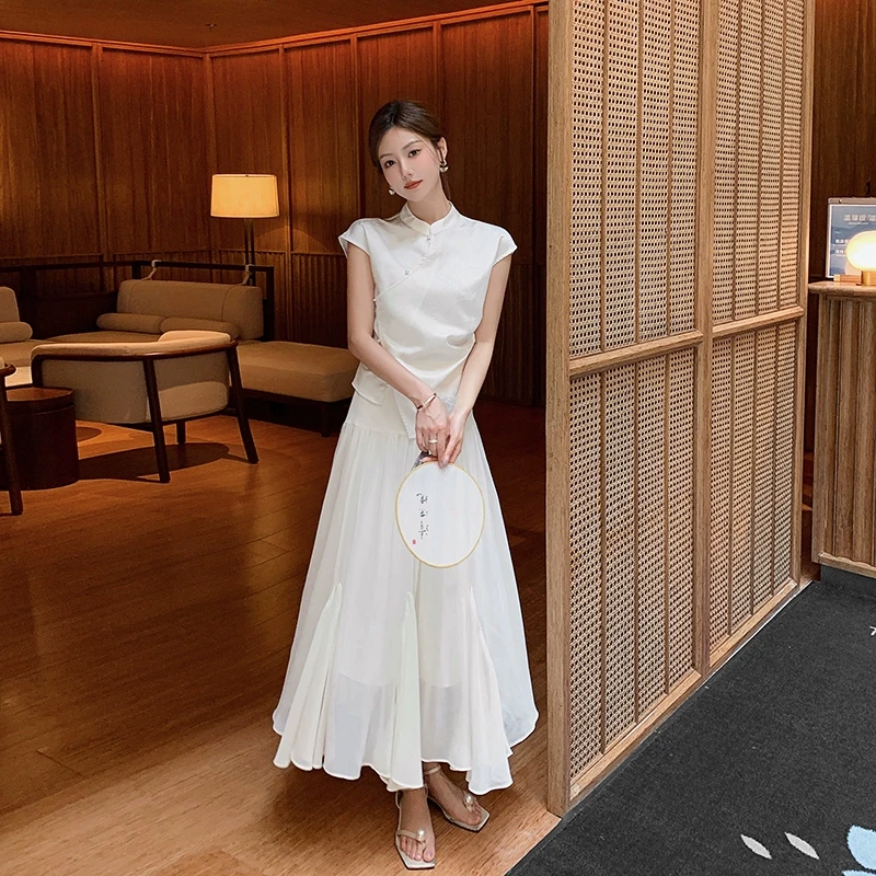 林关关 白色高腰a字超仙女半身裙显瘦雪纺鱼尾裙长款裙子74153