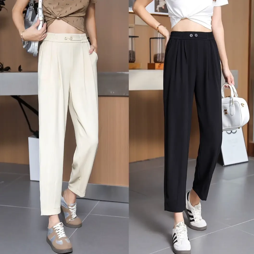 新款高腰百搭休闲女裤夏季轻薄透气垂感直筒裤时尚显瘦西装裤子女