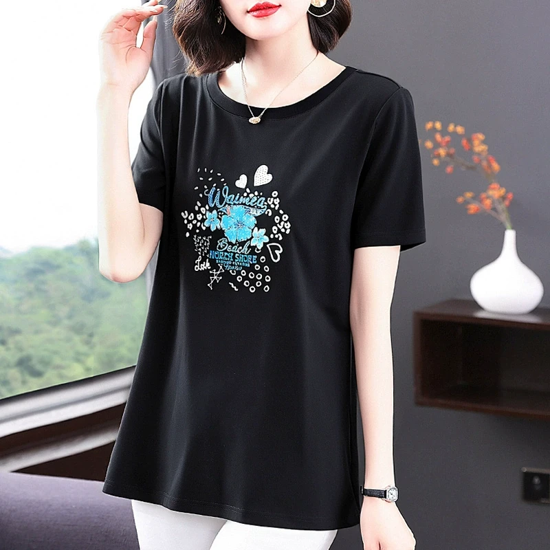 宽松圆领短袖t恤女2025新款夏季薄款黑色上衣遮肚子胖mm大码女装
