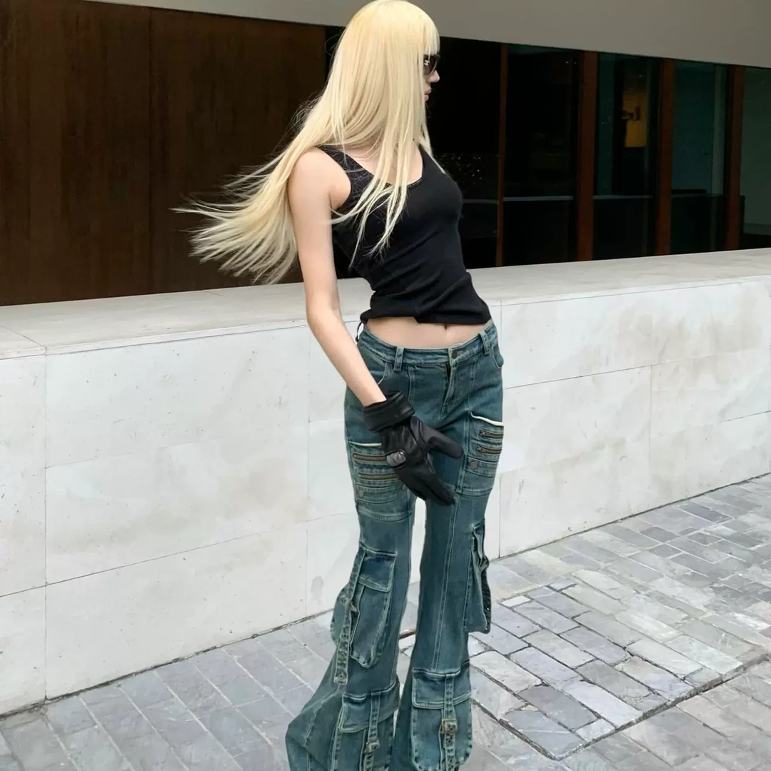 Rase le sol‘Tactical Forces’复古多口袋低腰微喇工装牛仔裤