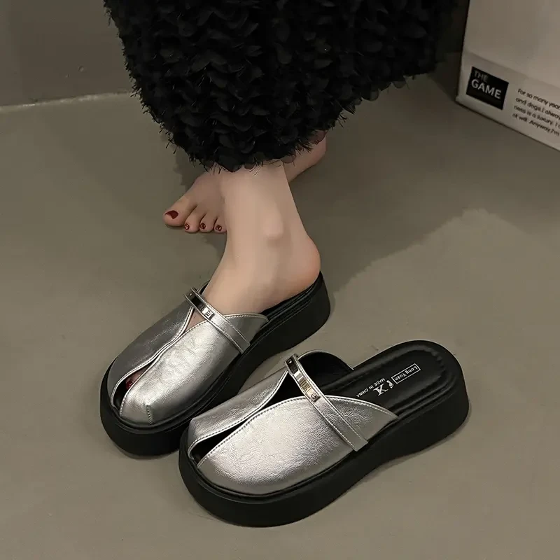 设计款！厚底包头半拖鞋女外穿2025新款时尚百搭一脚蹬懒人凉鞋