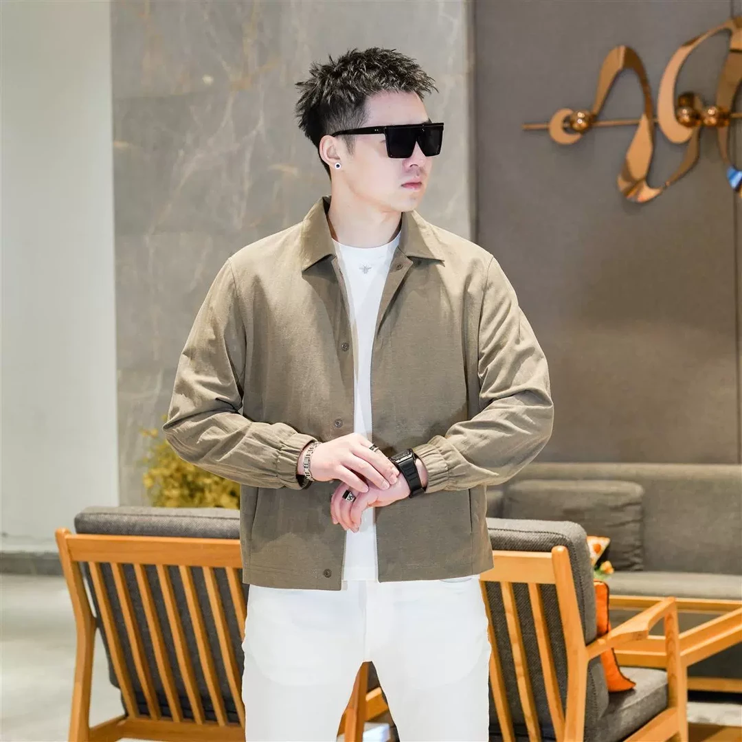 男士高级感轻盈定织棉麻翻领夹克简约高端老钱风外套上衣潮GL6603