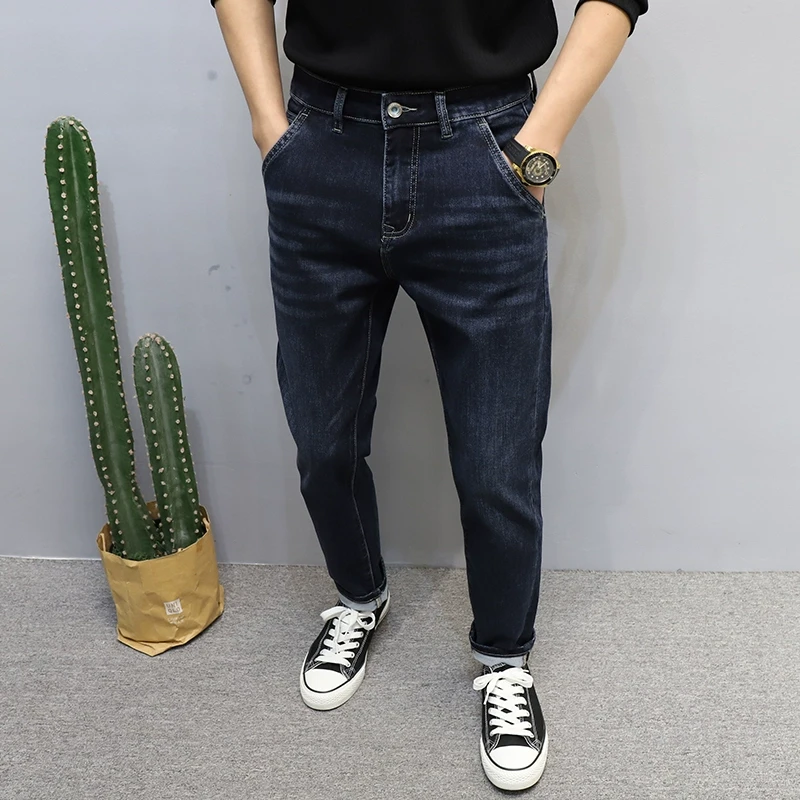 深蓝牛仔裤男百搭裤子2025春季长裤韩版修身小脚斜插口袋时尚流行