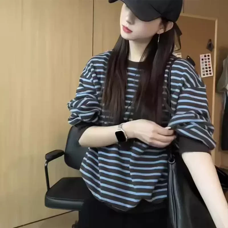 韩版圆领条纹针织卫衣女春秋2025新款爆款洋气小个子宽松减龄上衣