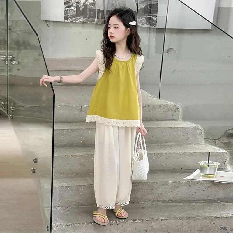 女童套装甜美洋气夏装2025新款儿童花边无袖灯笼裤两件套宽松时尚