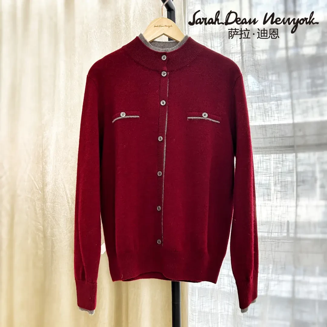 【萨拉迪恩】羊毛衫长袖针织时尚休闲百搭红色女士秋冬外套毛衣