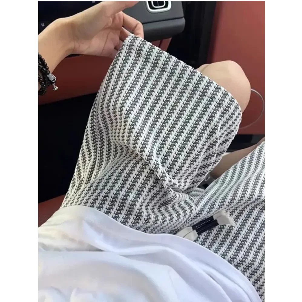 复古黑白条纹针织短裤男款夏季潮牌休闲宽松五分裤大码美式运动裤