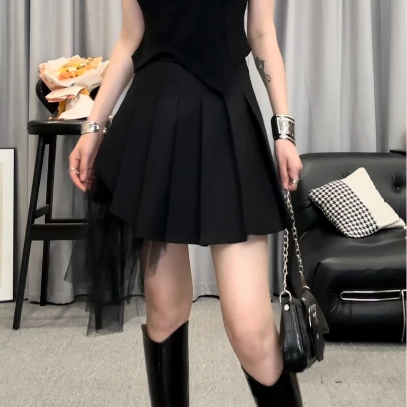 设计师款小众复古高腰辣妹黑色a字网纱百褶西装半身裙女短裙夏季