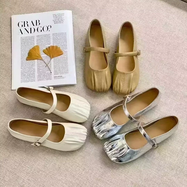 平底一字带褶皱单鞋女2025早春新款浅口软底百搭温柔风玛丽珍鞋子