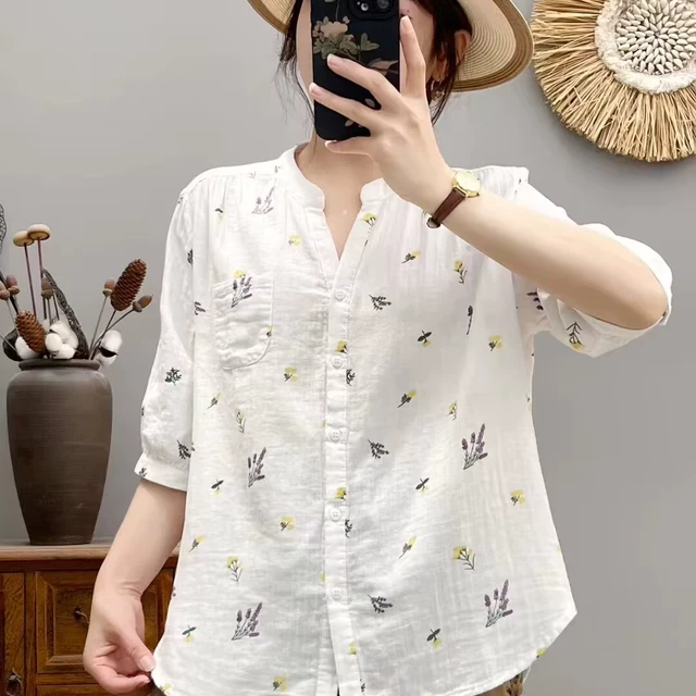 夏季薄款V领宽松纯棉双层棉纱短袖衬衫女休闲显瘦五分袖中袖衬衣