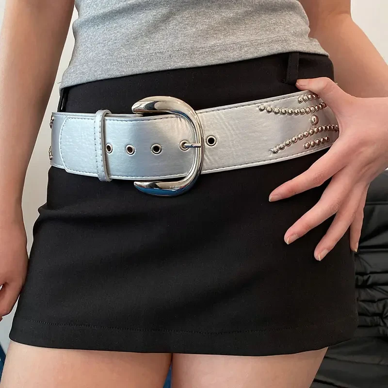 Gallery欧美复古银色宽边腰带y2k铆钉皮革个性辣妹做旧皮带腰封女