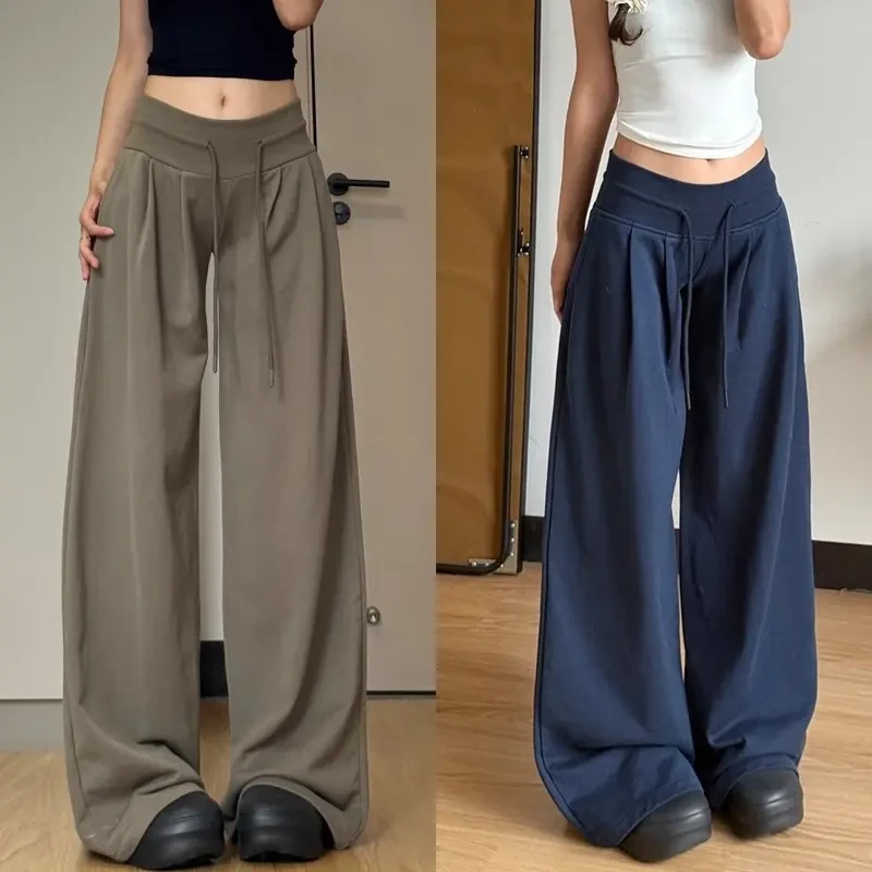 美式高腰抽绳运动裤女秋季新款高腰垂感宽松直筒显瘦休闲阔腿裤WM