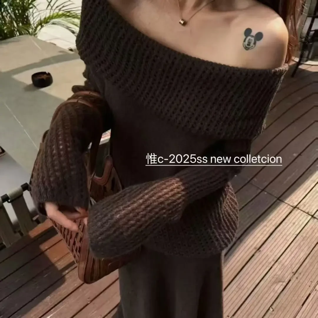 早秋舒适慵懒露肩针织衫搭配松紧腰气质长裙时尚修身显瘦套装