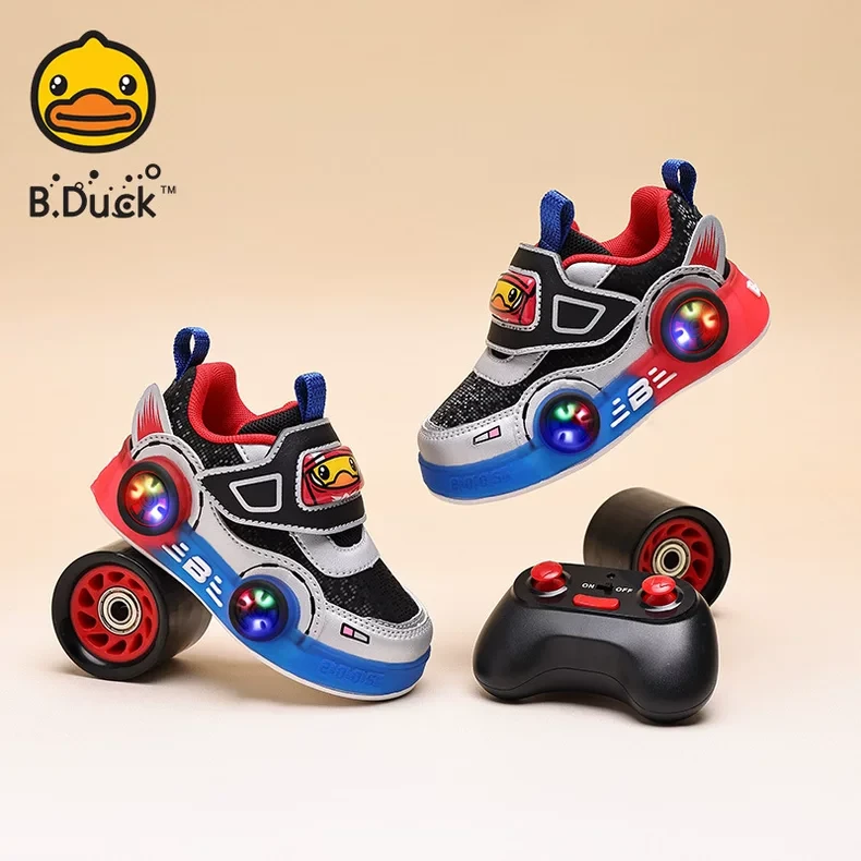 B.Duck小黄鸭赛车萌趣运动鞋秋季儿童亮灯透气网面轻便防滑板鞋