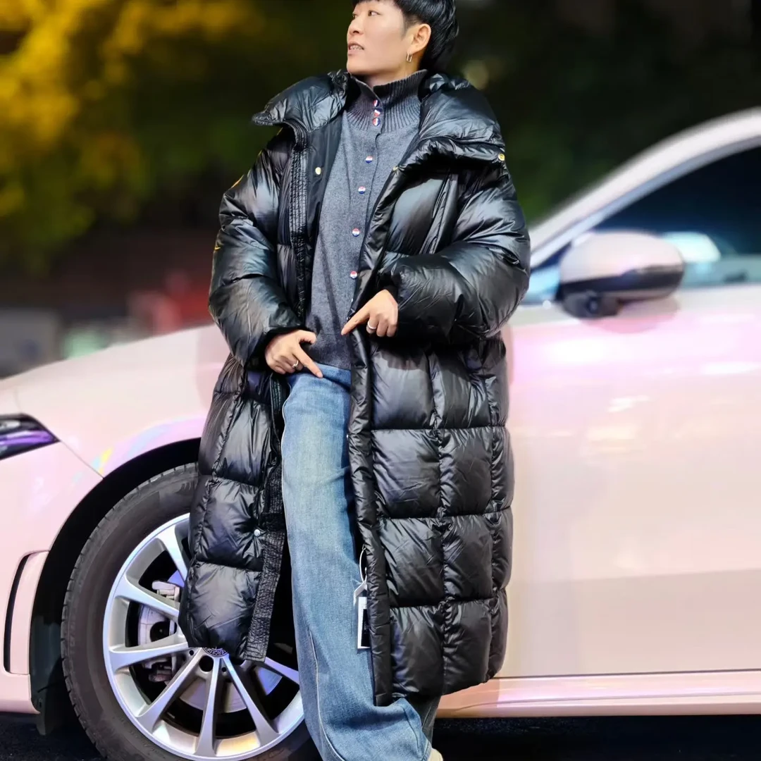 仅一件 老钱风连帽长款亮面羽绒冬季韩版宽松保暖显瘦女士外套