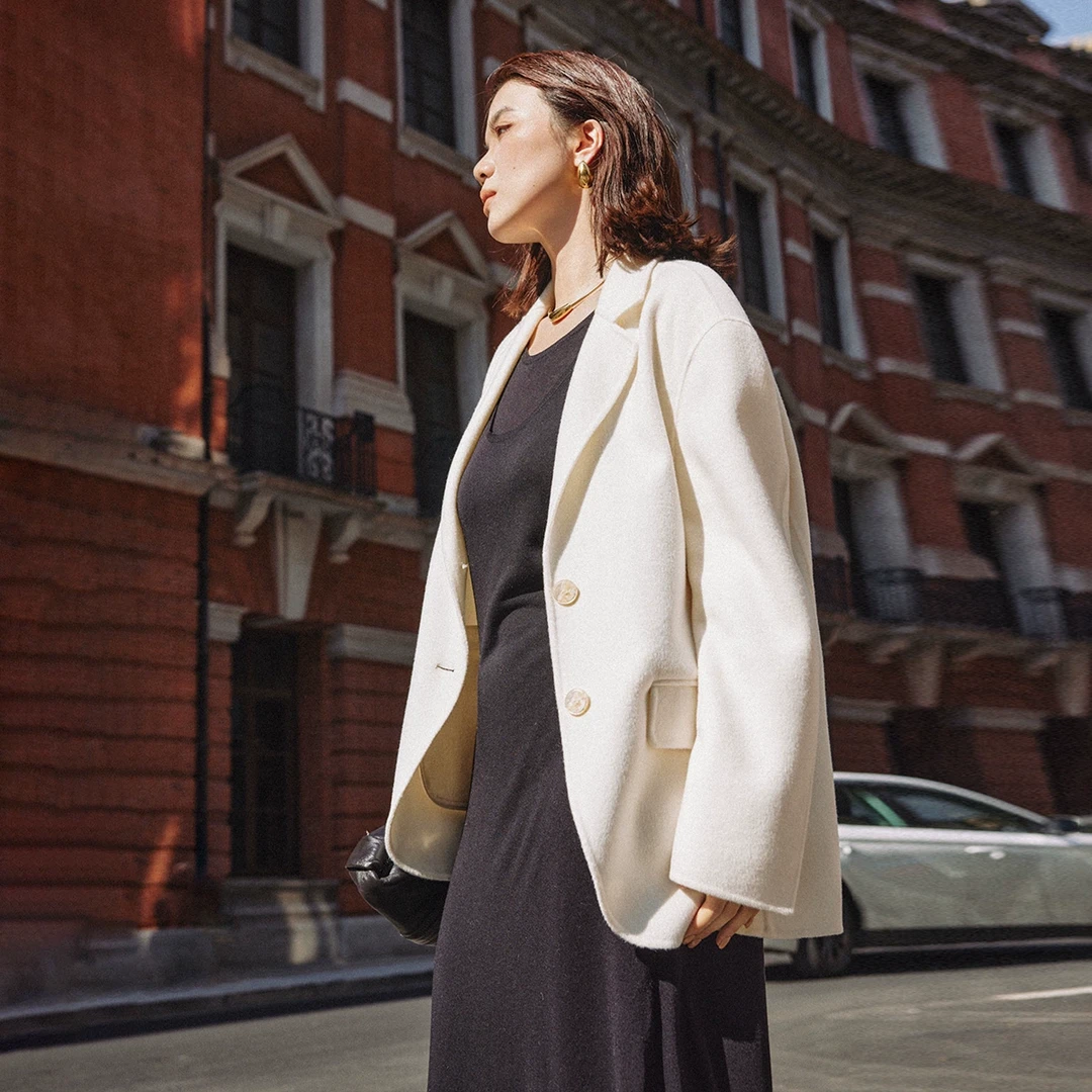 PLUSMALL 高智女作家 奢双面呢高阶都市翻领西装外套PLUS2408043