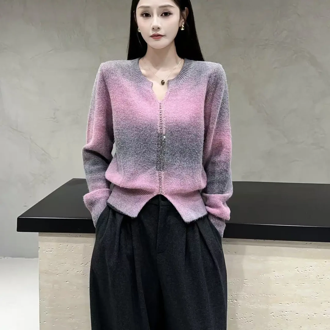 毛衣渐变V领拼色针织常规提花衫宽松型开衫长袖气质网红