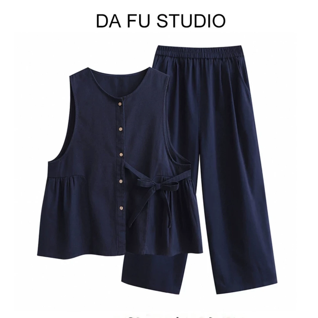 DAFU简约系带蝴蝶结无袖背心马甲女+高腰显瘦直筒阔腿裤裤两件套