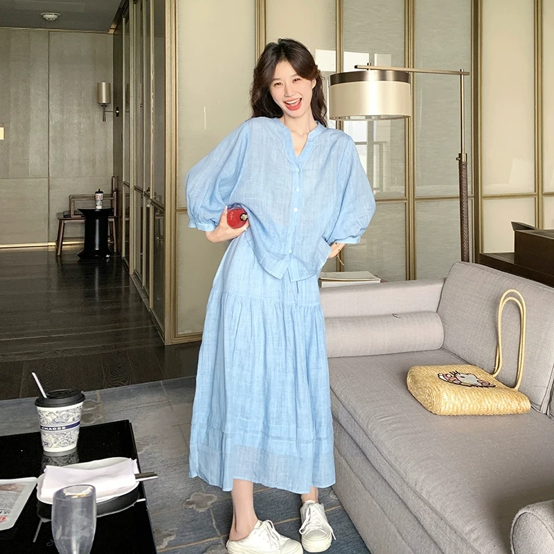 慵懒风棉麻衬衫半身裙套装女2025夏季新款蓝色洋气宽松休闲两件套