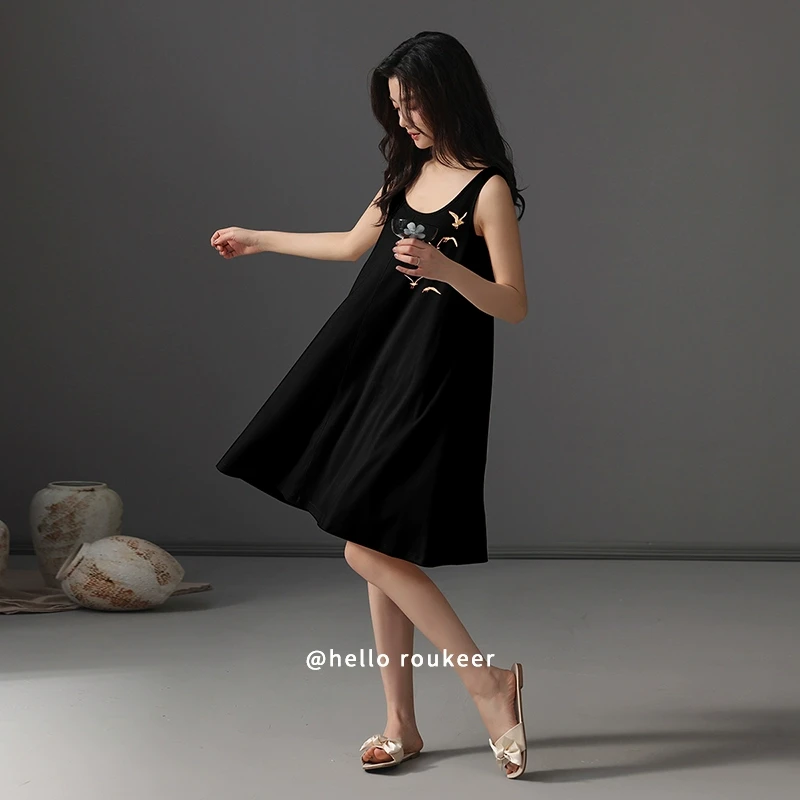 带胸垫吊带款睡裙女夏季莫代尔冰丝睡衣短款薄大码无袖背心25新款