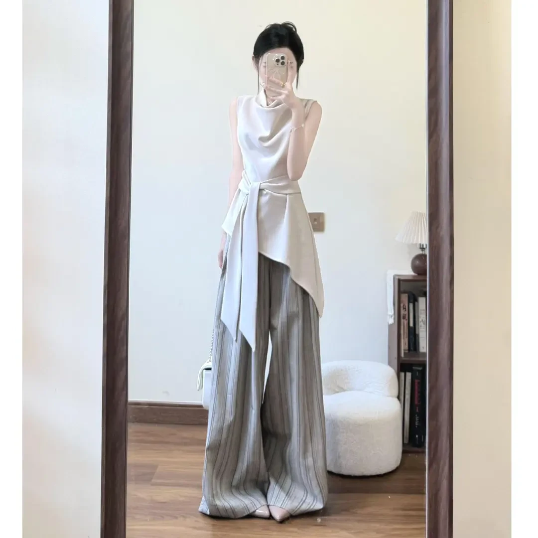 千金清冷感贵系衣服不规则系带无袖上衣2025夏季新款高腰阔腿裤
