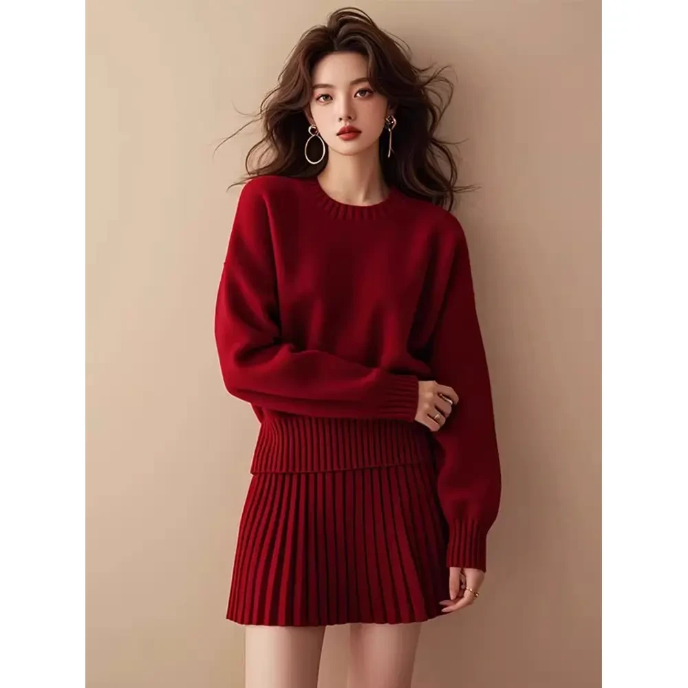 安可拉红本命年穿搭红色套头毛衣2024新款冬季针织衫半身裙套装
