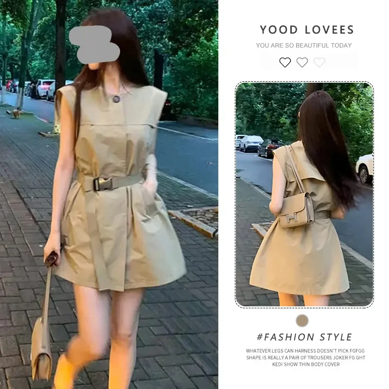 卡其色无袖连衣裙2025年夏季新款小个子气质今年流行短裙裙子女装