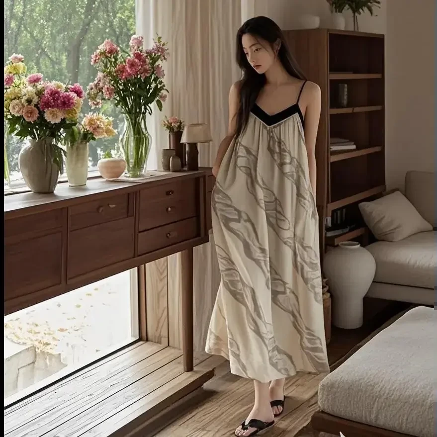 云朵棉性感气质吊带睡裙女夏季薄款纯欲风条纹小众感V领露背睡衣