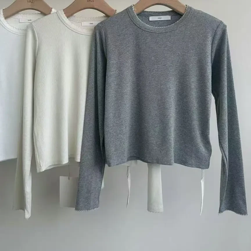 女圆领长袖女款简约含麻圆领T恤套头休闲宽松