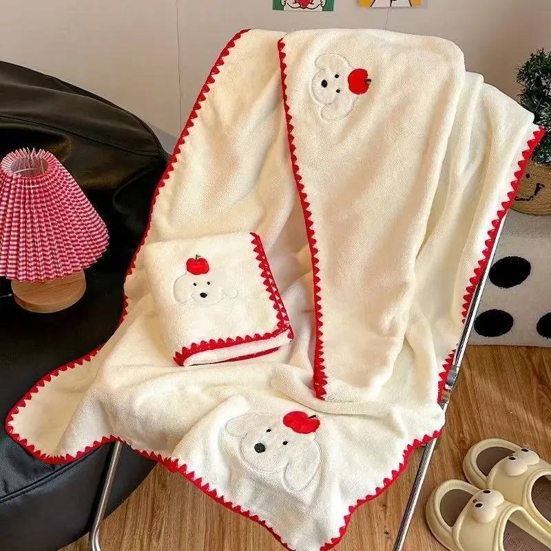 2025夏季可爱苹果速干小狗吸水干发帽浴巾毛巾大人成人珊瑚