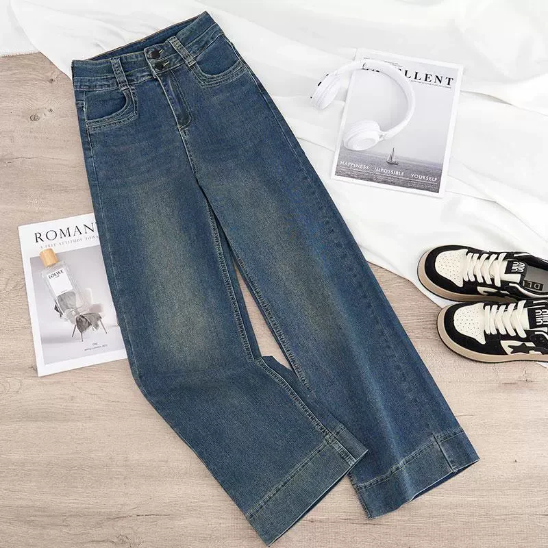 美式复古蓝阔腿牛仔裤女四季通用新款设计感高腰显瘦窄版拖地裤