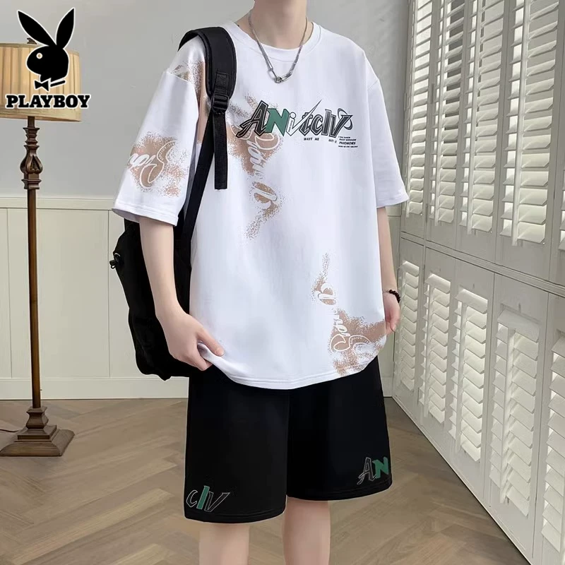 花花公子男士夏装套装潮牌青少年短袖t恤运动服一套搭配休闲短裤