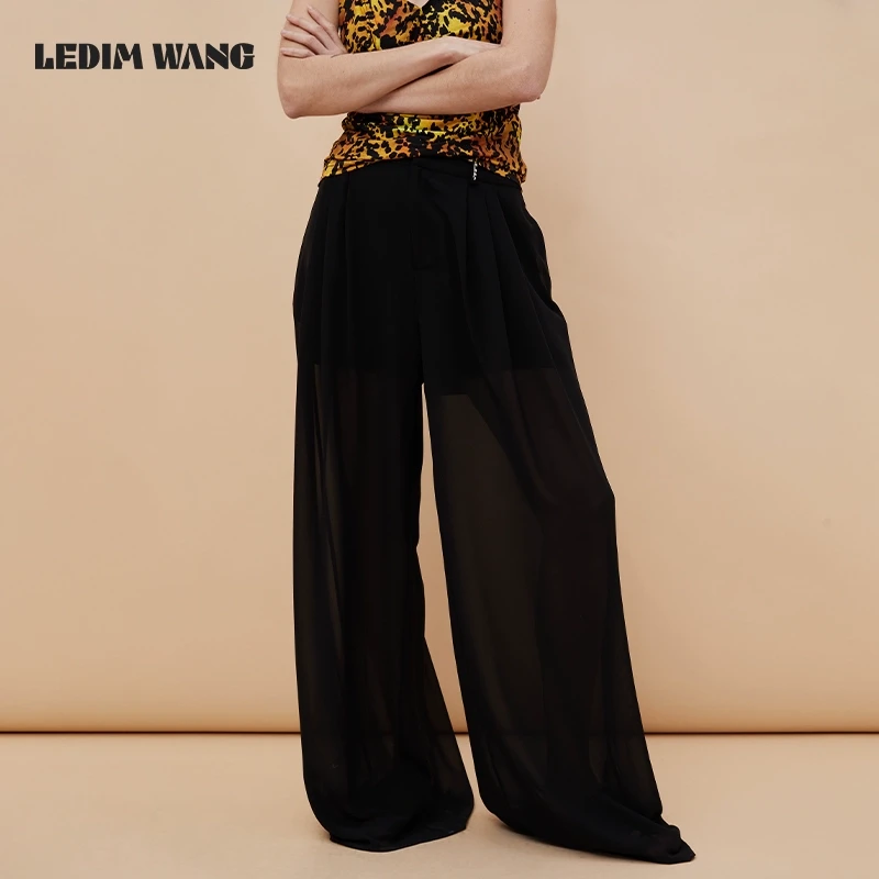 LEDIM WANG轻透雪纺阔腿裤黑色高级感拖地裤日常百搭宽松阔腿裤