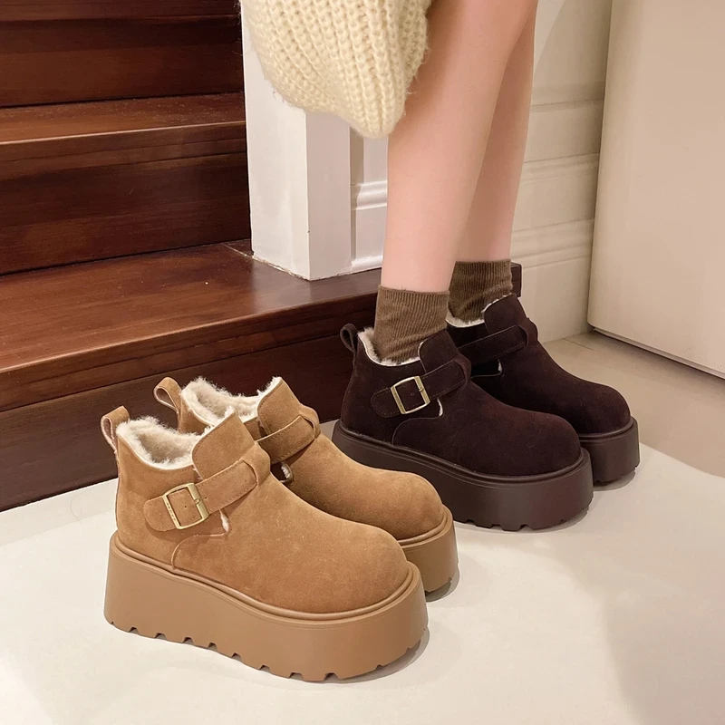 小个子增高厚底雪地靴女冬季新款加绒加厚保暖皮带扣短靴子 W08