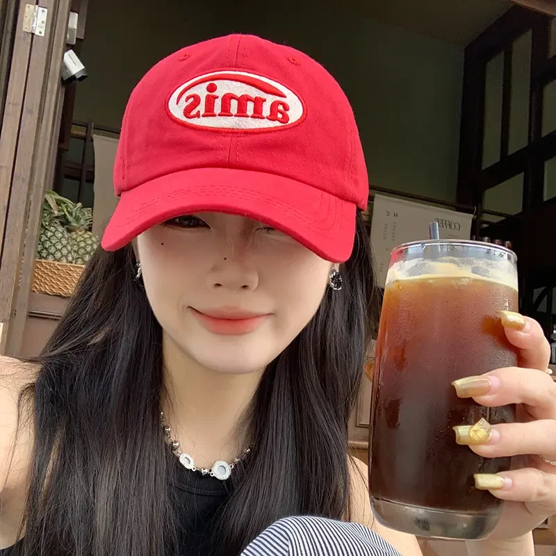 韩式ins显白红色棒球帽女春夏休闲百搭软顶大围女士帽子鸭舌帽