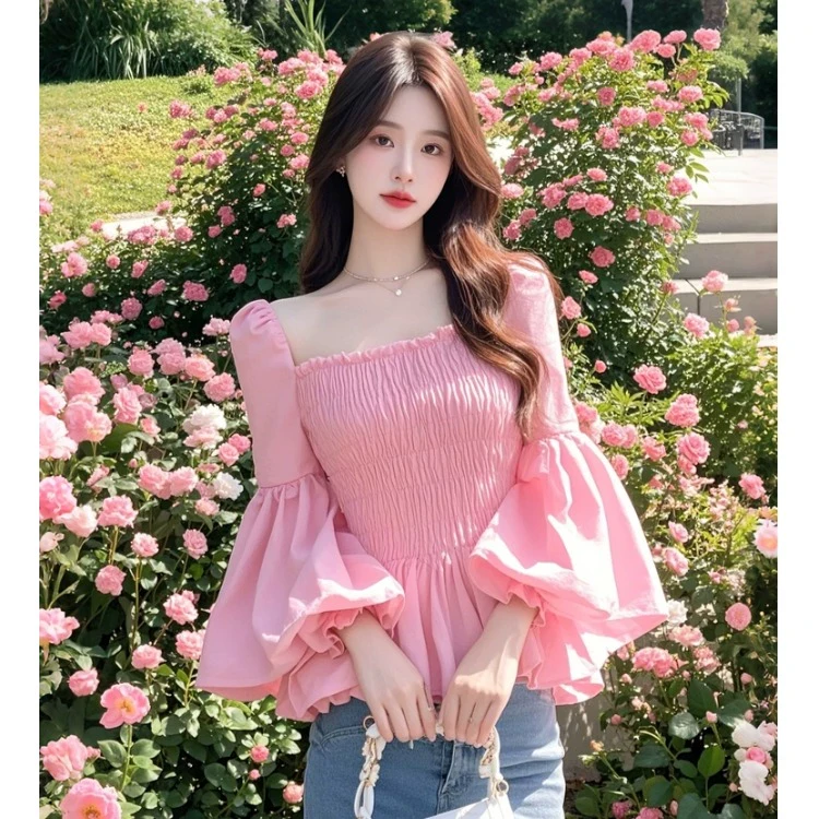 粉色抽褶灯笼袖独特衬衫女春季2025新款方领法式漂亮别致好看上衣