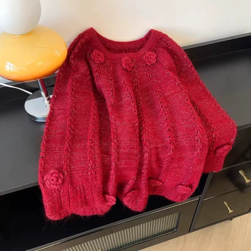 【新年穿搭】微胖妹妹大码立体花朵红色毛衣女高级感中长款针织衫潮