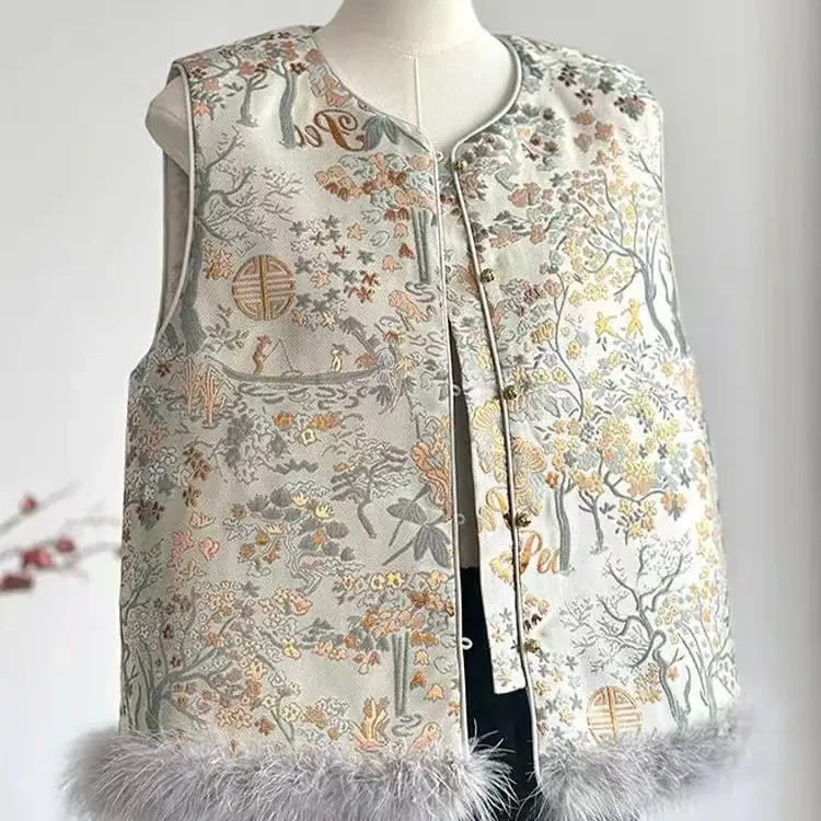 【晓林】新中式国风宋锦提花夹棉女马甲秋冬立领百搭显瘦