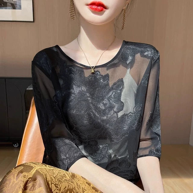 夏季新款新中式国风网纱罩衫上衣提花七分袖薄款衬衫上衣中袖衬衣