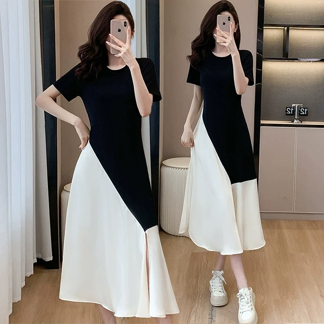 时尚百搭圆领T恤连衣裙女夏2025新款黑色宽松显瘦拼接不规则裙子