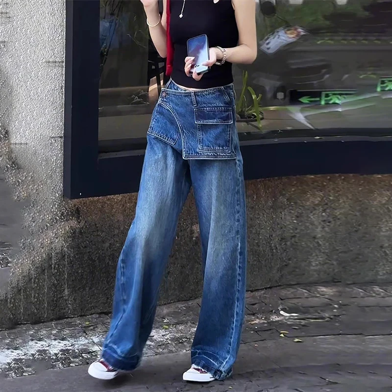 欧货不规则设计感阔腿牛仔裤女假两件秋季新款胖宽松直筒拖地裤