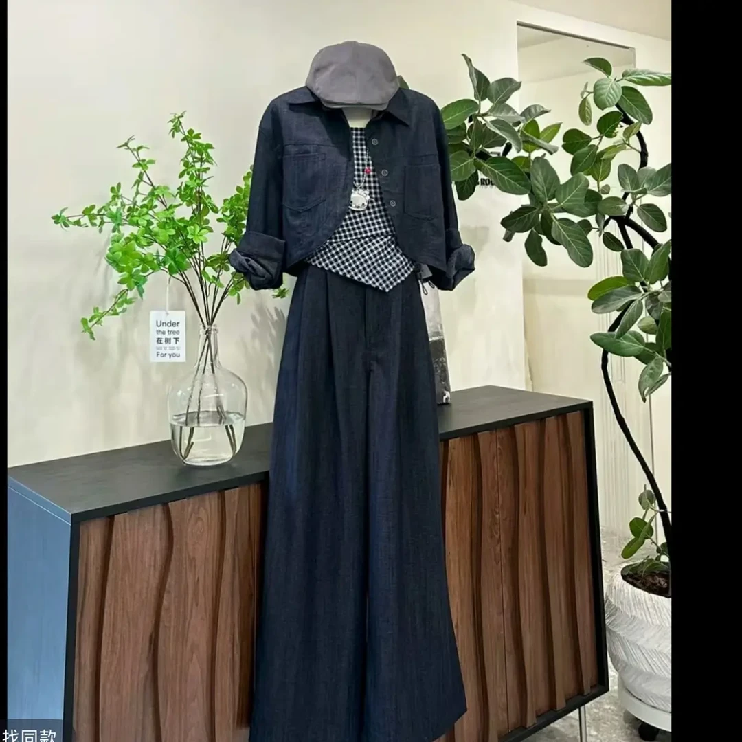 老钱风格子牛仔吊带外套搭配慵懒休闲阔腿裤秋季套装