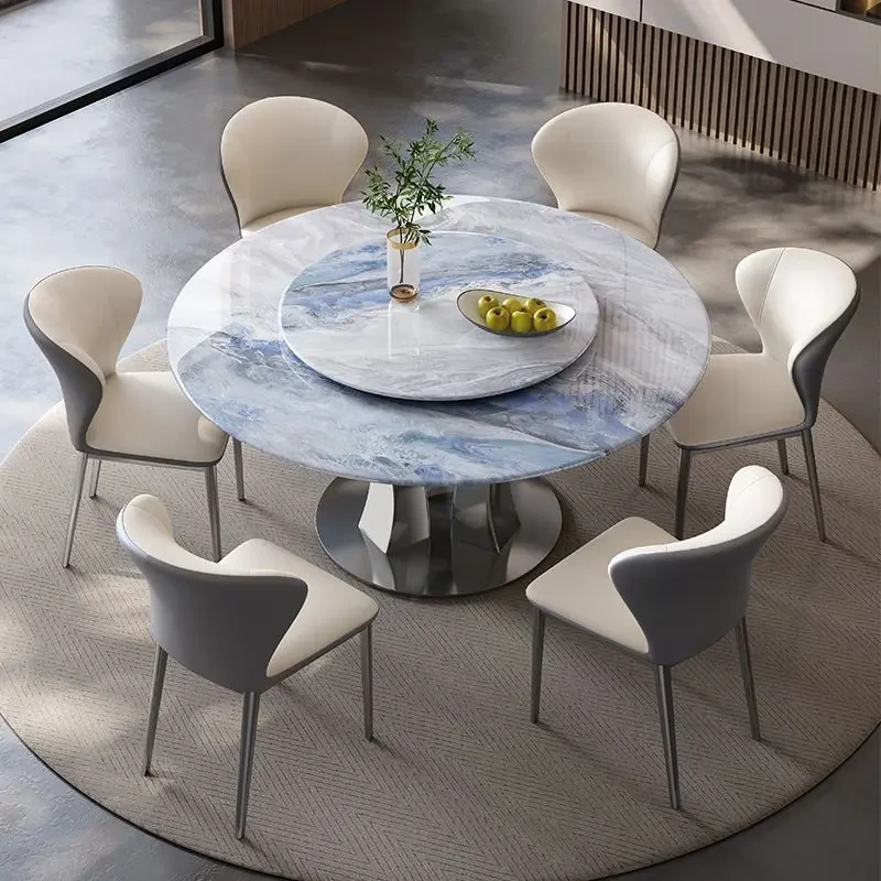 家用圆桌超晶石圆形小户型带转盘吃饭桌简约现代餐桌椅子岩板组合
