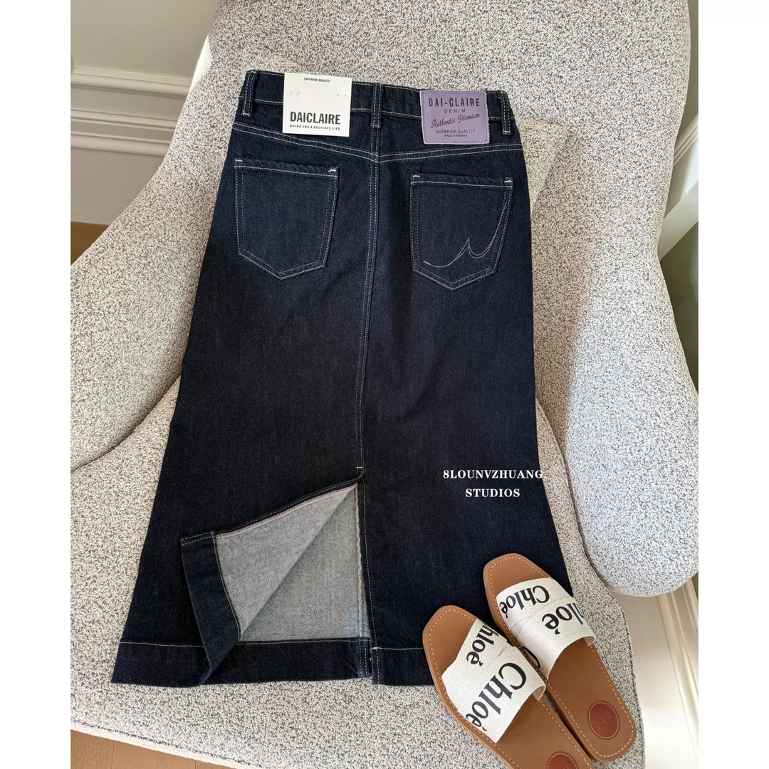 半身后开叉代嘉儿牛仔裙女2025春款98296普洗深蓝无弹显瘦牛仔裙